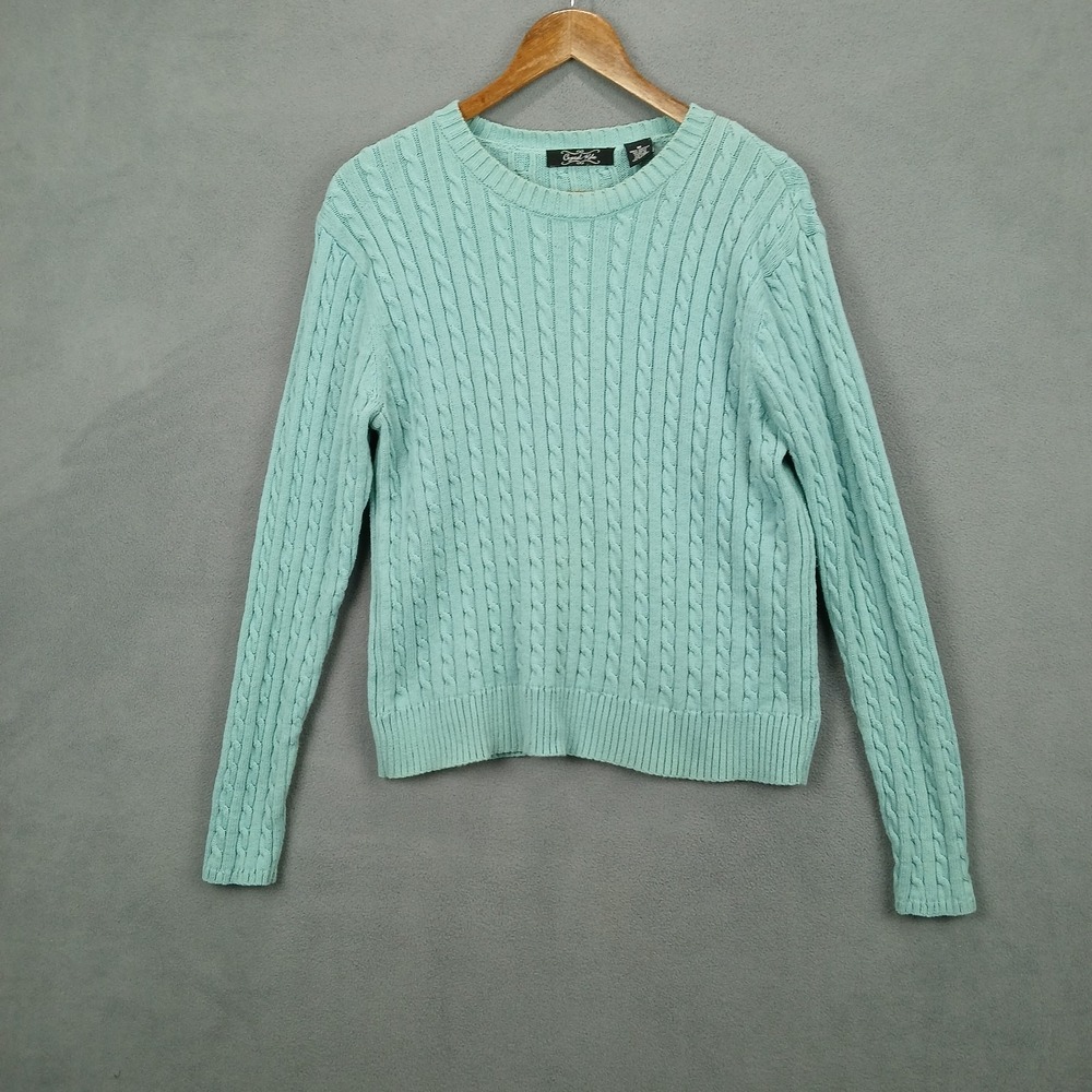 Crystal Kobe Sweater Women Medium Turquoise Cable Knit Cotton Crew Neck Pullover